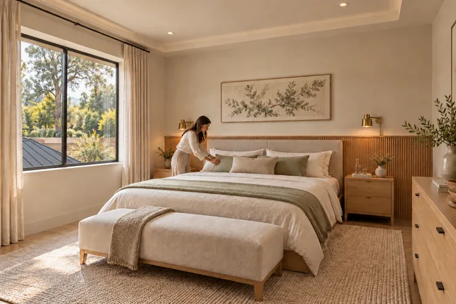 Roxbury Residence — Interior · Owner bedroom bed wall