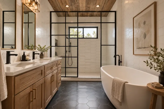 Roxbury Residence — Interior · Owner bath shower and tub