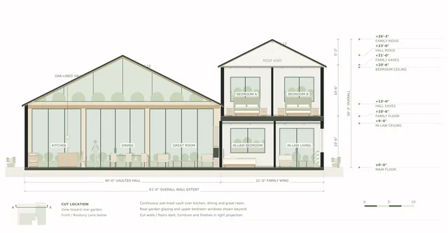 Roxbury Residence — Section A–A · vaulted common hall and family wing