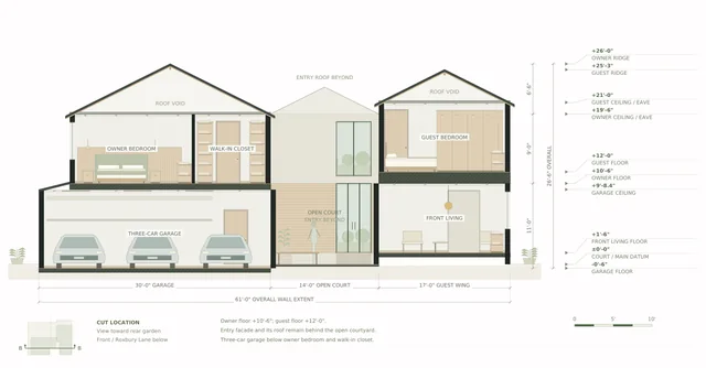Roxbury Residence — Section B–B · owner, entry and guest wings