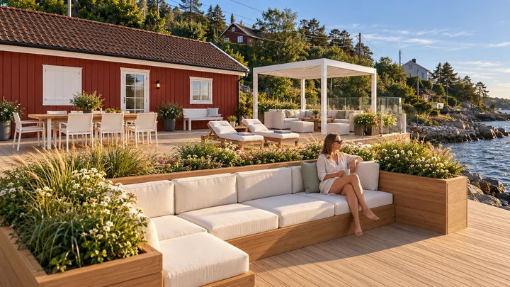 The Garden Dock — At the water’s edge · timber seating, soft upholstery and a planted back