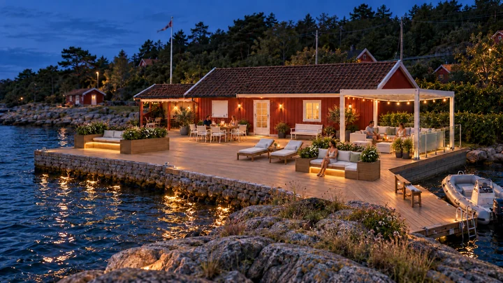 The Garden Dock — Evening on the water · warm light beneath the canopy and along the seating