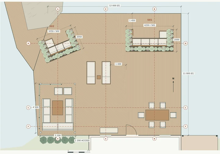 The Garden Dock — Deck layout · furniture dimensions, canopy footprint, access and section locations