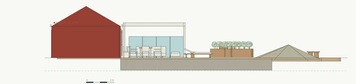 The Garden Dock — Side elevation · roof profile, open deck and retained rock
