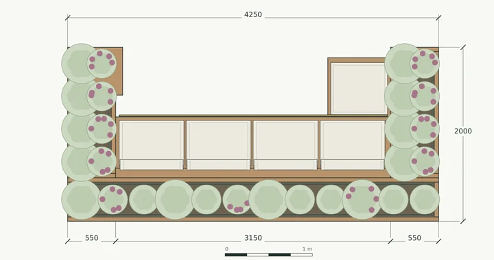 The Garden Dock — Waterside seat · enlarged plan and dimensions of the planted conversation setting