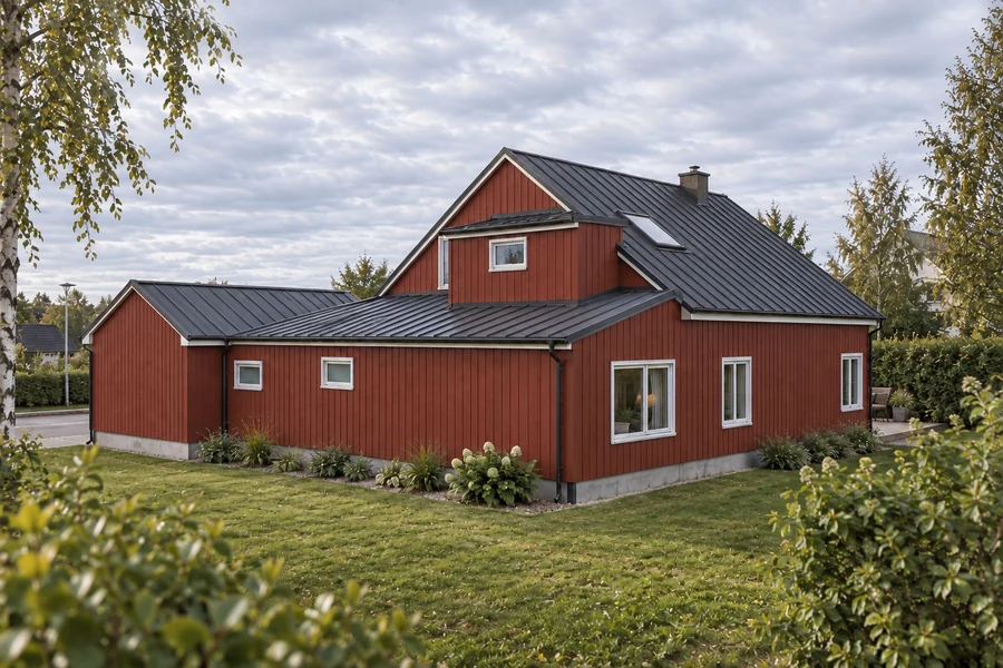 Trondheim Residence — Neighbour side · the lower addition and privacy-conscious openings