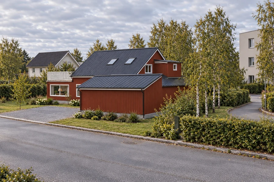 Trondheim Residence — Street return · roof forms, planting and the arrival sequence