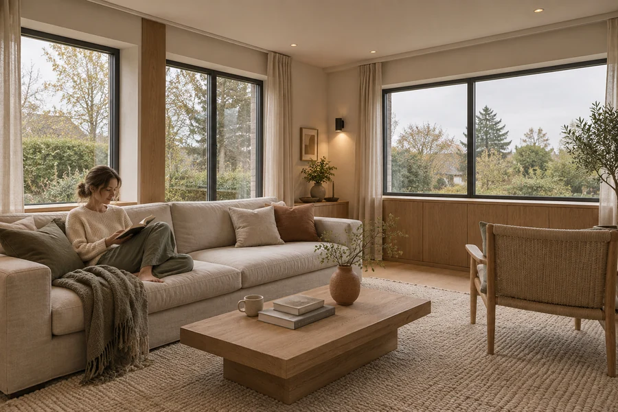 Trondheim Residence — Living room · oak, linen and a warm material palette