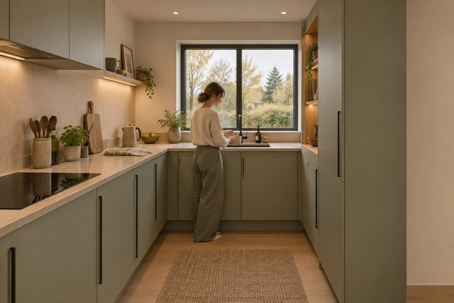 Trondheim Residence — Kitchen · sage cabinetry, stone work surfaces and integrated storage