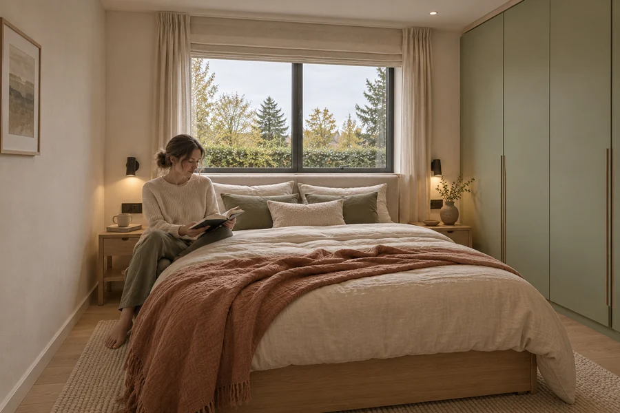 Trondheim Residence — Ground-floor bedroom · soft textiles and fitted wardrobe storage