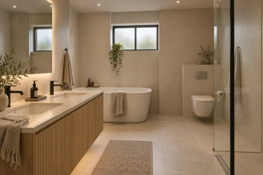 Trondheim Residence — Bathroom · double vanity, bath and privacy glazing