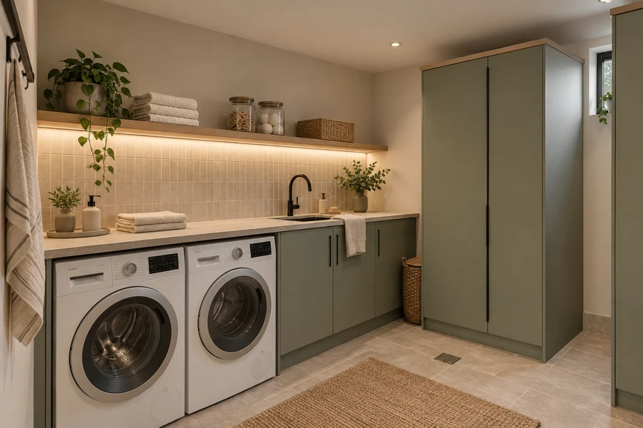 Trondheim Residence — Laundry · side-by-side appliances, folding space and tall storage