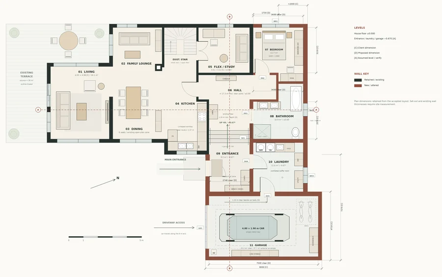 Trondheim Residence — Ground-floor plan · furnished rooms, new accommodation and the garage connection