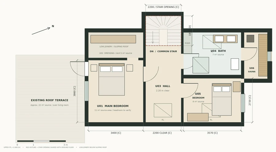 Trondheim Residence — Upper-floor plan · bedrooms, bathroom, common stair and existing roof terrace
