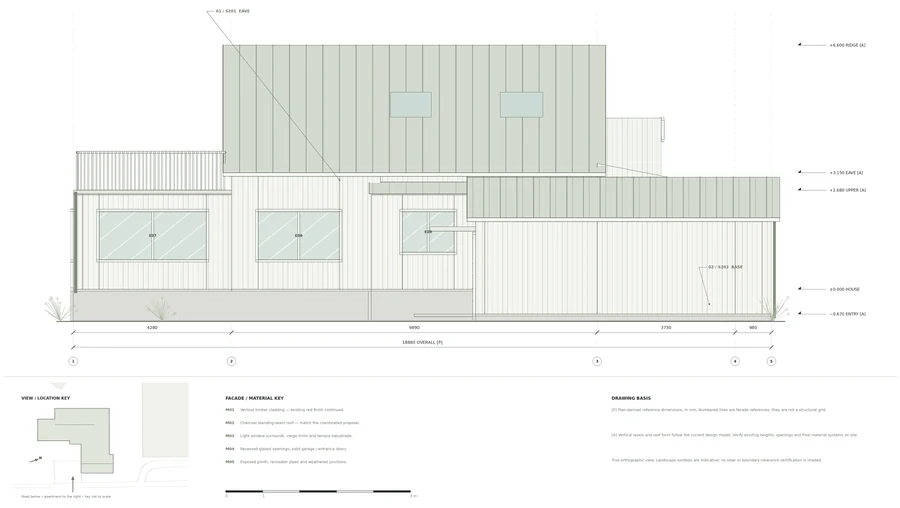 Trondheim Residence — Street elevation · cladding, openings, roof profile and material notes