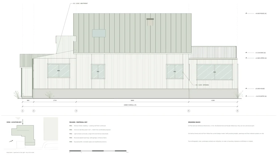 Trondheim Residence — Rear elevation · the retained house and lower addition