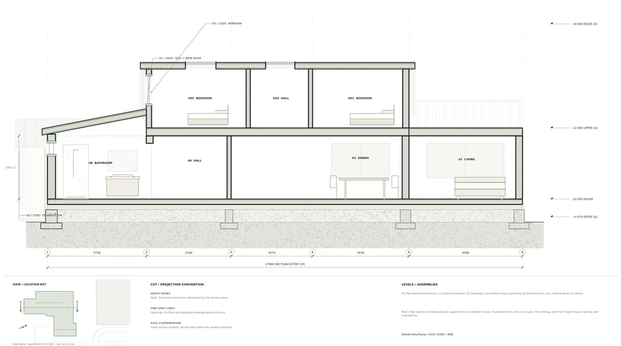 Trondheim Residence — Section through house and extension · rooms, levels and envelope relationships