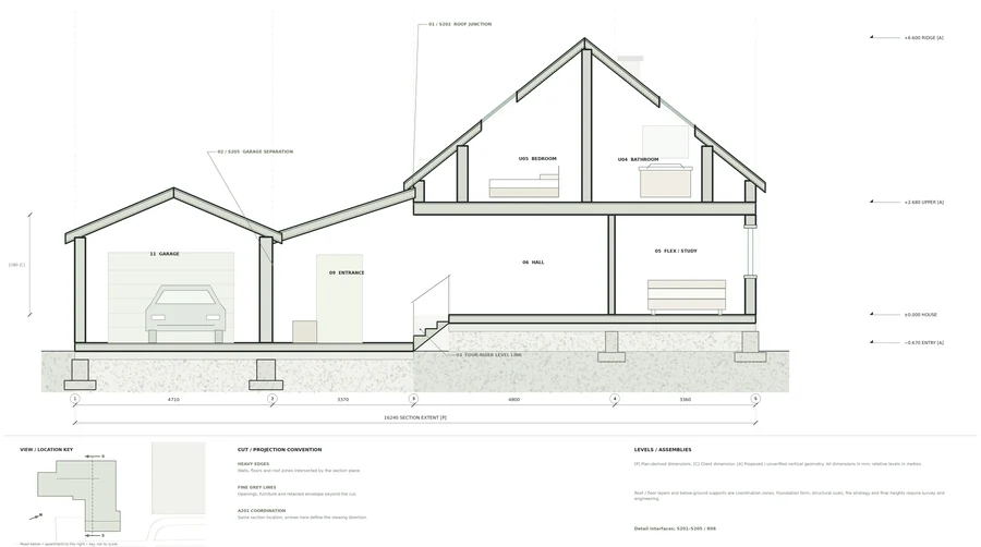 Trondheim Residence — Section through entrance and garage · connected volumes and the internal level change